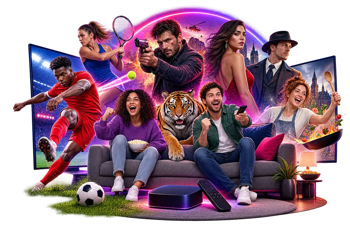 UK IPTV streaming interface showing live TV, sports, movies and series